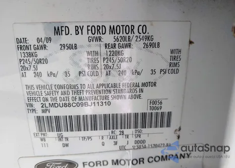 2009 Lincoln Mkx z USA, uszkodzony, nr VIN 2LMDU88C09BJ11310